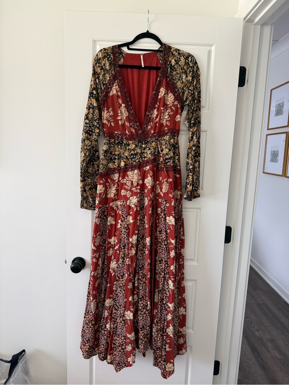 Free People Burgundy Floral Long Sleeve Maxi Dress
